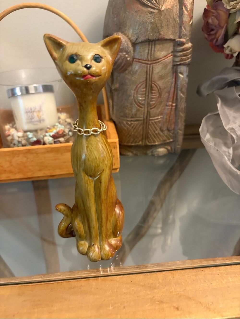 Vintage Decorative Cat Figurine w green gem eyes and necklace. Wood.